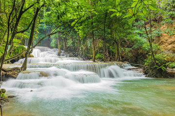 Huai Mae Khamin Waterfalls in Tropical Rainforest at Kanchanaburi Province, Thailand