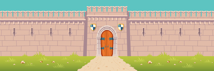 Fototapeta Road to medieval city or town fortress, kings castle, fairytale citadel, fantasy stronghold stone walls with arched wooden gates and heraldic shields under closed doorway cartoon vector illustration obraz
