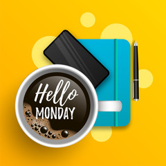 Hello Monday vector illustration with coffee cup