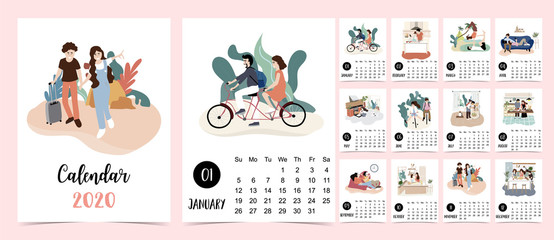 Doodle people calendar set 2020 with travel,bicycle,sea,activity for children.Can be used for printable graphic.Editable element
