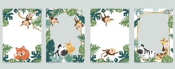 Green animal collection of safari frame set with lion,fox,giraffe,zebra,monkey vector illustration for birthday invitation,postcard,logo and sticker © piixypeach