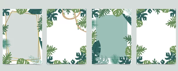 Fotobehang Green animal collection of safari frame set with leaf,leaves vector illustration for birthday invitation,postcard,logo and sticker © piixypeach