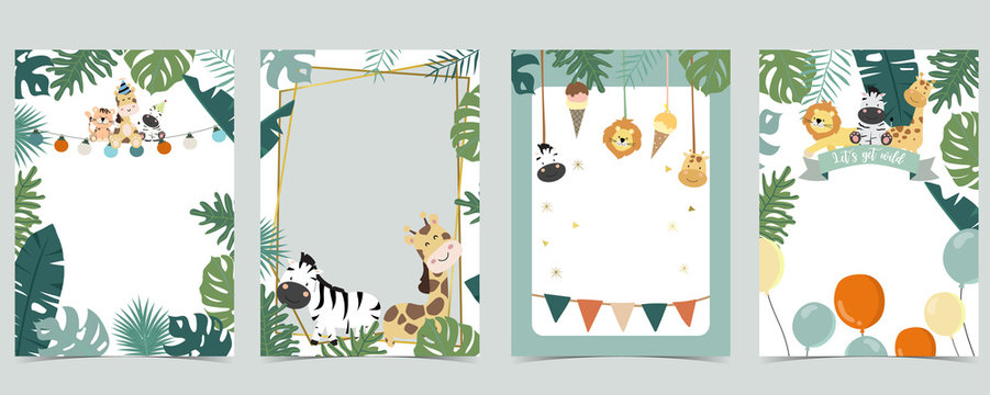 Green animal collection of safari frame set with lion,giraffe,zebra vector illustration for birthday invitation,postcard,logo and sticker