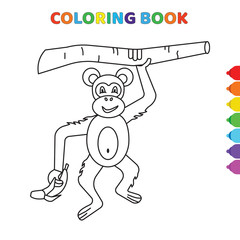 cute cartoon monkey hanging from the tree and taking banana in hand coloring book for kids. black and white vector illustration for coloring book. monkey hanging from the tree and taking banana in