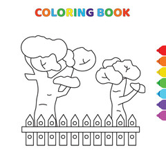cute cartoon two trees on garden coloring book for kids. black and white vector illustration for coloring book. two trees on garden concept hand drawn illustration