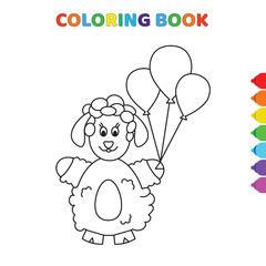 cute cartoon happy female sheep taking air balloons in hand coloring book for kids. black and white vector illustration for coloring book. happy female sheep taking air balloons in hand concept hand
