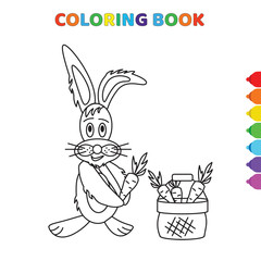 cute cartoon rabbit takes carrot and standing behind parrot basket coloring book for kids. black and white vector illustration for coloring book. rabbit takes carrot and standing behind parrot
