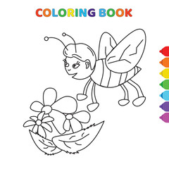 cute cartoon happy bee flyind on flowers coloring book for kids. black and white vector illustration for coloring book. happy bee flyind on flowers concept hand drawn illustration