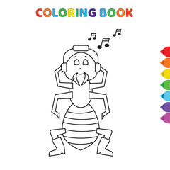 cute cartoon bug with closed eyes listening music coloring book for kids. black and white vector illustration for coloring book. bug with closed eyes listening music concept hand drawn illustration