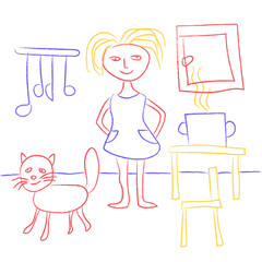 Child's drawing with crayons. Cute kids doodle depicting a girl and a cat in the kitchen. Girl or woman cooking food. Vector EPS10