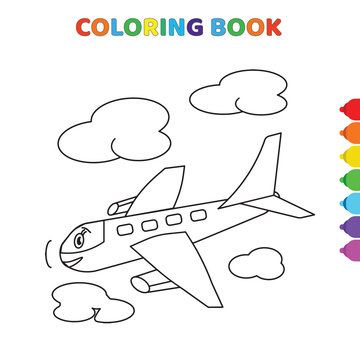 cute cartoon happy smiling air plane around clouds coloring book for kids. black and white vector illustration for coloring book. happy smiling air plane around clouds concept hand drawn
