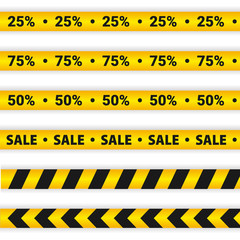 Yellow Sale Caution lines. Warning tapes. Discount elements.