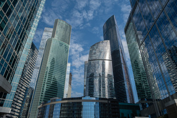 Fototapeta na wymiar MOSCOW. RUSSIA - Septemer 5, 2019: Skyscrapers of Moscow city business center closeup. Moscow International Business Center also referred to as Moscow-City
