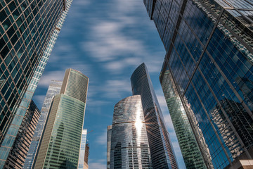 Naklejka premium MOSCOW. RUSSIA - Septemer 5, 2019: Skyscrapers of Moscow city business center closeup. Moscow International Business Center also referred to as Moscow-City