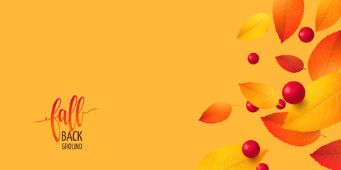 Vector horizontal template with falling 3D colored leaves and red realistic cranberries for design of autumn or thanksgiving flyers. Seasonal banner with fall foliage isolated on orange background.