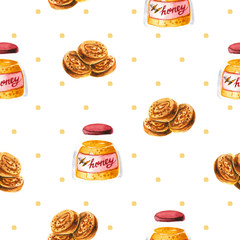 Watercolor seamless pattern of glass jar of honey with sweet bakery. Illustration isolated on white. Hand drawn template perfect for postcard, cafe design, wallpaper, fabric textile, label