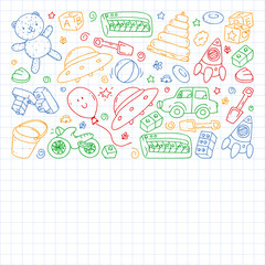 Vector pattern with kindergarten, toy children. Happy children illustration. Drawing a colorful pen on a notebook in a Squared notebook.