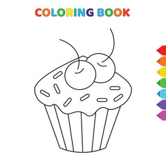 cute cartoon cake with cherry coloring book for kids. black and white vector illustration for coloring book. cake with cherry concept hand drawn illustration