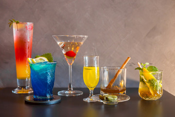 Colourful of many cocktail in wine glass.