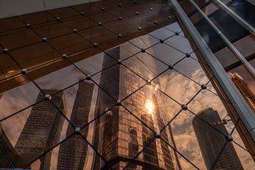 MOSCOW. RUSSIA - Septemer 5, 2019: Skyscrapers of Moscow city business center closeup. Moscow International Business Center also referred to as Moscow-City