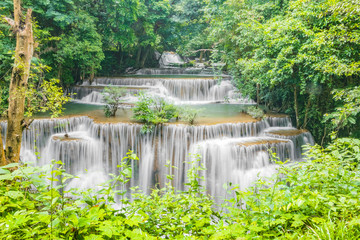 Fototapeta na wymiar Huai Mae Khamin Waterfalls in Tropical Rainforest at Kanchanaburi Province, Thailand