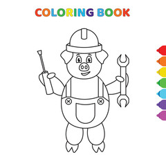 cute cartoon pig with hat takes repair maintenance tools coloring book for kids. black and white vector illustration for coloring book. pig with hat takes repair maintenance tools concept hand drawn