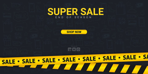 Sale banner with yellow Caution lines. Hand draw doodle icons on the background.