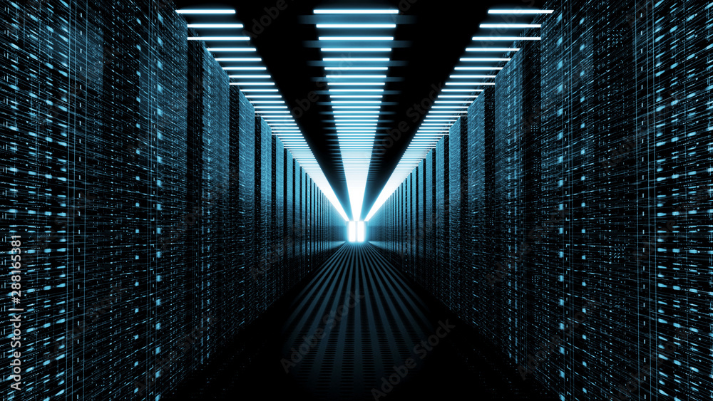 Poster 3d rendering of data center room with abstract data servers and glowing led indicators, abstract net