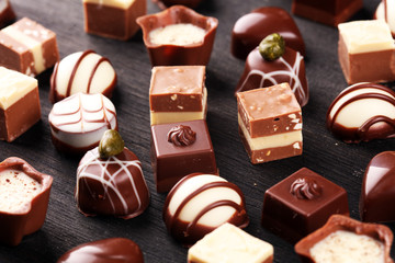 a lot of variety chocolate pralines, belgian confectionery gourmet chocolate.