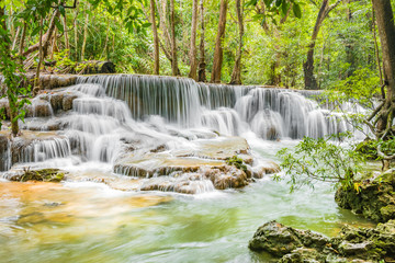 Fototapeta premium Huai Mae Khamin Waterfalls in Tropical Rainforest at Kanchanaburi Province, Thailand