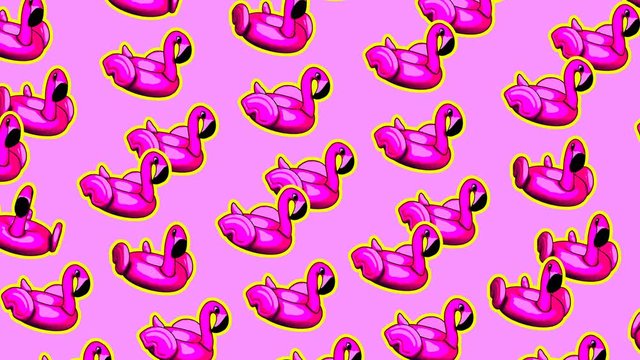 Seamless funny animation of sketch flamingo inflatable rings on a pink background.Zine culture comic video loop. Summer cartoon concept backdrop.