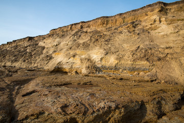 Cliff errosion at Covehithe in Suffolk showing soil layers. January 2018