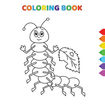 cute cartoon caterpillar eats leaf coloring book for kids. black and white vector illustration for coloring book. caterpillar eats leaf concept hand drawn illustration