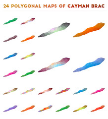 Set of vector polygonal maps of Cayman Brac. Bright gradient map of island in low poly style. Multicolored Cayman Brac map in geometric style for your infographics.