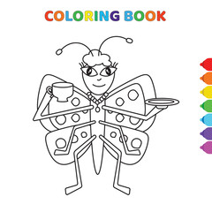 cute cartoon butterfly drinking tea coloring book for kids. black and white vector illustration for coloring book. butterfly drinking tea concept hand drawn illustration