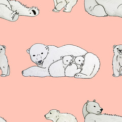 Seamless pattern with the image of a polar bears and cubs