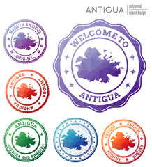 Antigua badge. Colorful polygonal island symbol. Multicolored geometric Antigua logos set. Vector illustration.