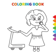 cute cartoon little girl with skate coloring book for kids. black and white vector illustration for coloring book. little girl with skate concept hand drawn illustration