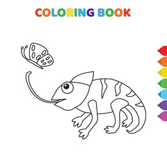 cute cartoon iguana eats butterfly coloring book for kids. black and white vector illustration for coloring book. iguana eats butterfly concept hand drawn illustration
