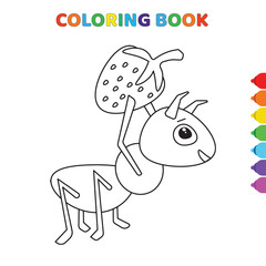 cute cartoon ant takes strawberry coloring book for kids. black and white vector illustration for coloring book. ant takes strawberry concept hand drawn illustration