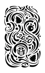 doodl, black and white flat ornament, on the theme of Christmas