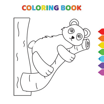 cute cartoon panda lies on tree coloring book for kids. black and white vector illustration for coloring book. panda lies on tree concept hand drawn illustration