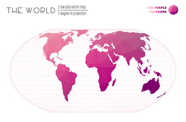Low poly design of the world. Wagner IV projection of the world. Red Purple colored polygons. Creative vector illustration.