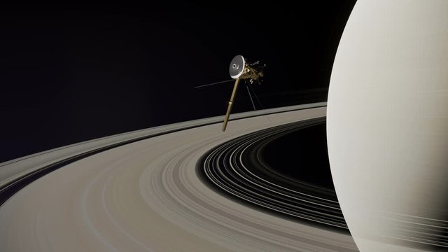 Saturn and Cassini Spacecraft Probe in Orbit, Digital Animation