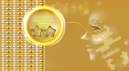 Obraz na płótnie Canvas Hyaluronic acid skin solutions ad, gold collagen serum with cosmetic advertising background ready to use, illustration vector. 