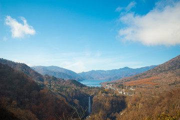 Kegon Falls and Chuzenji lake view at Akechidaira Ropeway of Nikko, Japan.