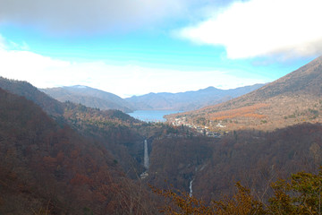 Kegon Falls and Chuzenji lake view at Akechidaira Ropeway of Nikko, Japan.