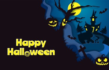 Happy Halloween poster template, vector paper cut illustration