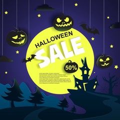 Halloween sale promotional poster, vector paper cut illustration