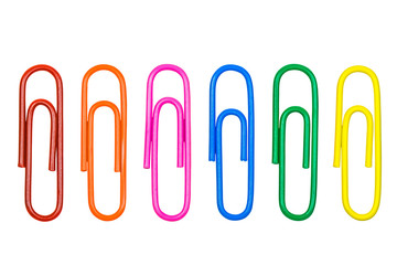 Close up row of colorful paper clips isolated on white background.